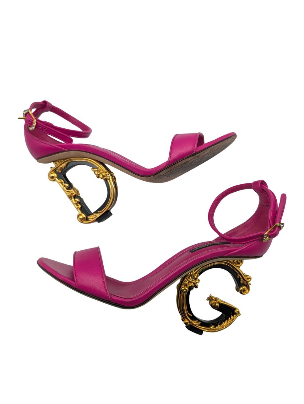 Dolce & Gabbana Baroque Gold DG Fuchsia Leather Sandals Size 37.5